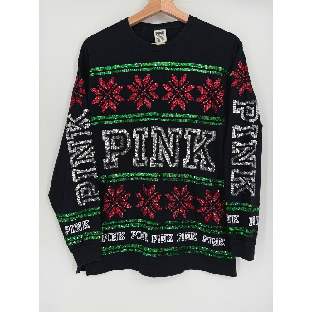 Victoria's Secret Pink Black Long Sleeve Holiday Bling Shirt XS Sequins‎